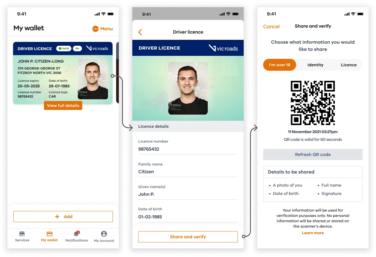 Direction 1: A separate Share and Verify screen with a QR code accessed via a button tap.