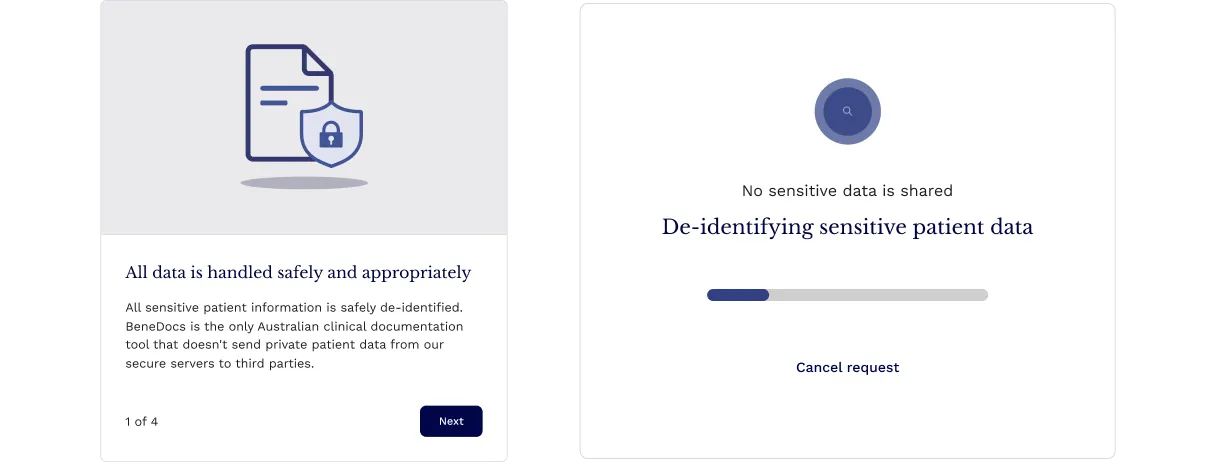 Modal dialogs showing dynamic status updates reassuring doctors that the system is working, patient data is secure, and they remain in control.