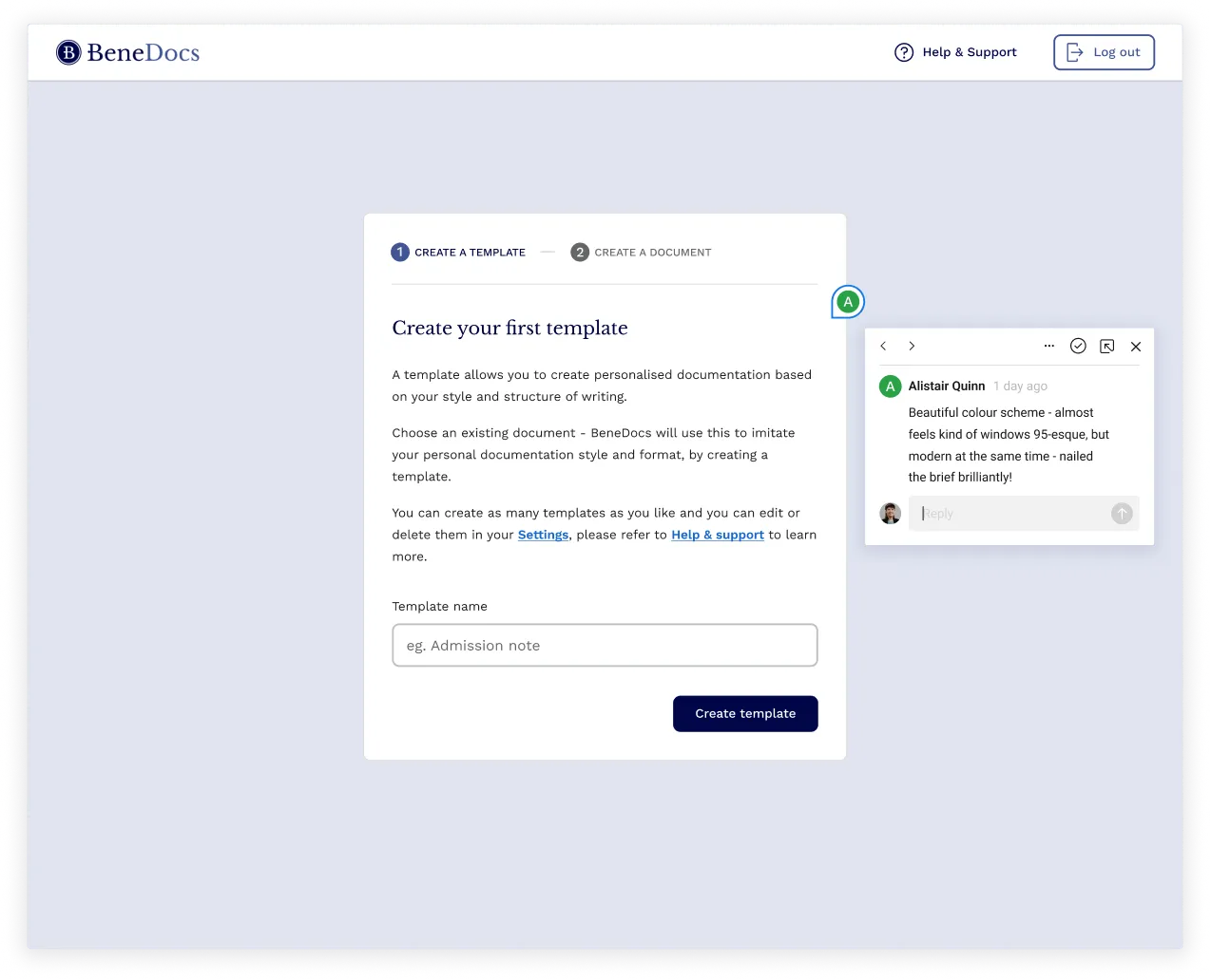 Name document screen where doctors upload a high-quality example document to train the AI on their writing style before generating their first output.
