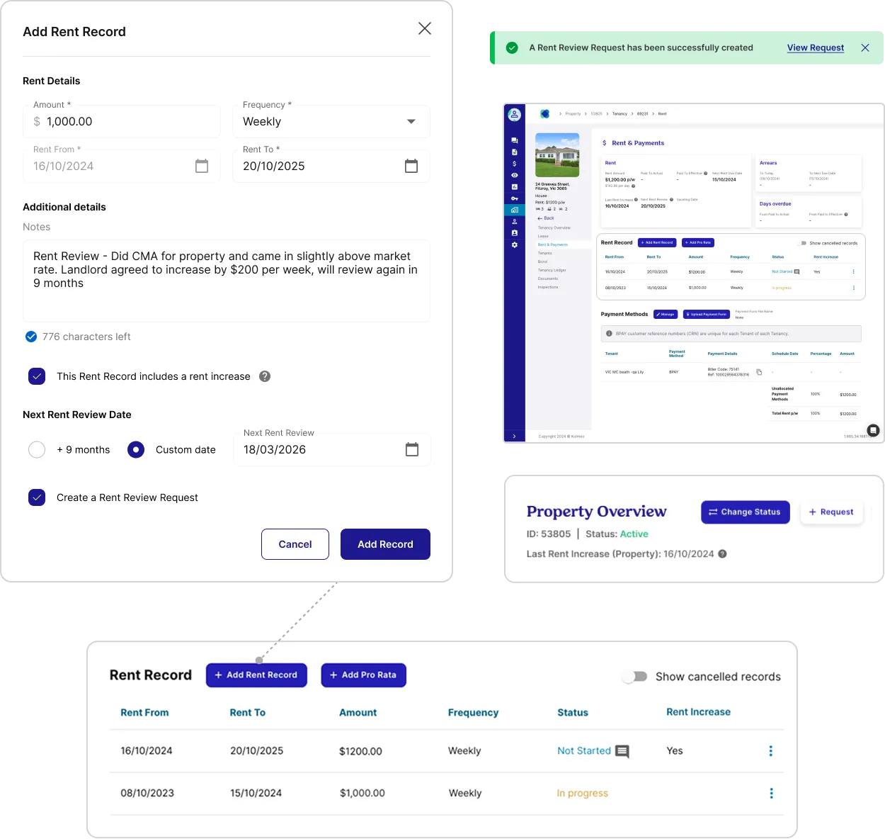 Opportunity 4 UI showing the Add Rent Record form alongside the updated Rent and Payments view and Property Overview, with rent increase tracking integrated directly into the rent administration workflow.