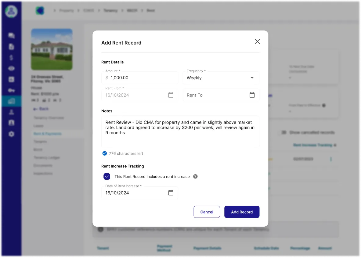 Add Rent Record modal showing rent details, notes, rent increase tracking checkbox with date of rent increase field, and action buttons.