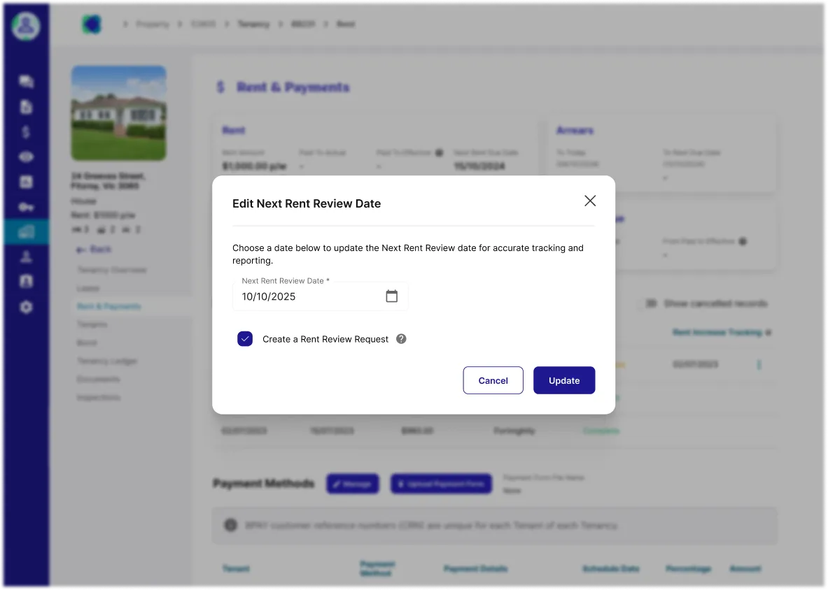 Edit Next Rent Review Date modal showing a date picker and option to create a rent review request.